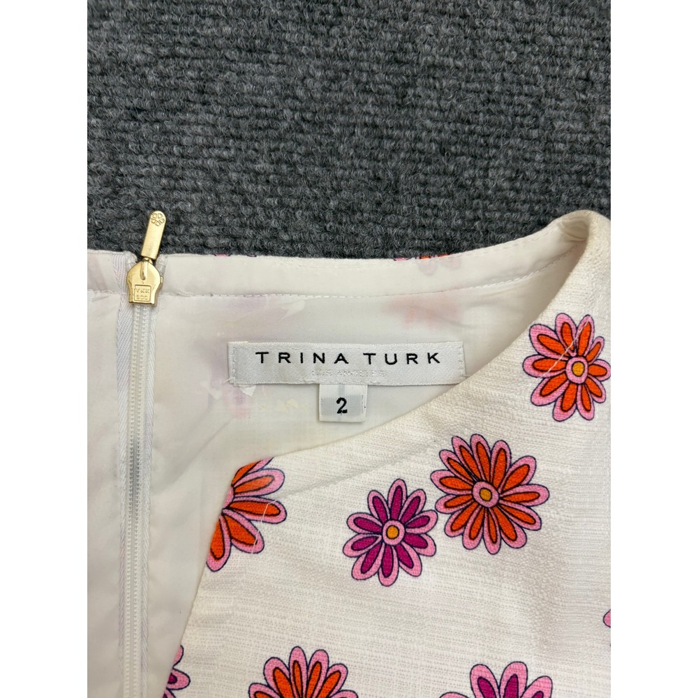 Trina Turk Floral Paisley Border Print Shift Dress White Pink Orange Size 2 - Picture 2 of 7